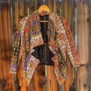 Vintage Unique Colorful 3/4 Sleeve Drape Front Jacket Funky Avant Garde XS